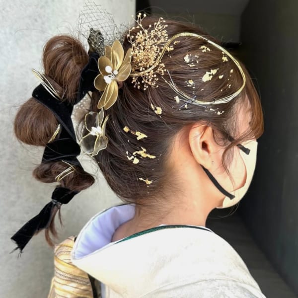 成人式ヘアセット 金箔×ミス引き セミロング