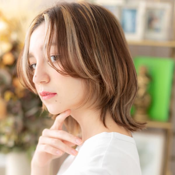 インナーハイライト外国人風ウルフマッシュ かきあげバング