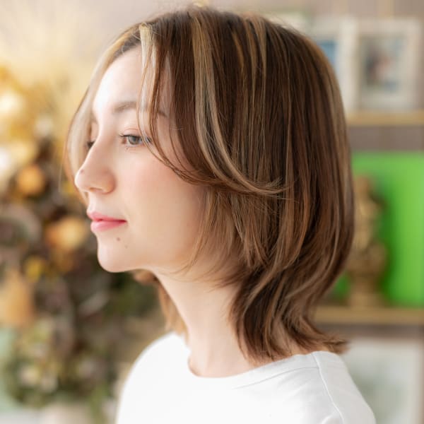 インナーハイライト外国人風ウルフマッシュ かきあげバング