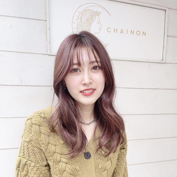 前髪ありセミロングショコラピンク暖色カラー30代梅ヶ丘美容室