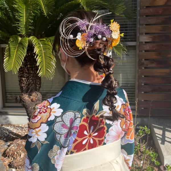 卒業式ヘアセット　袴　玉ねぎヘア　水引アレンジ