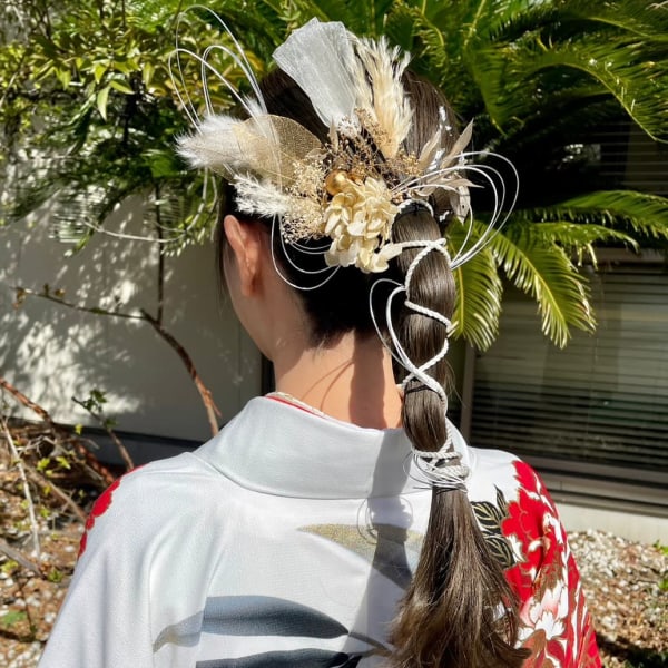 卒業式ヘアセット 袴 水引 銀箔金箔