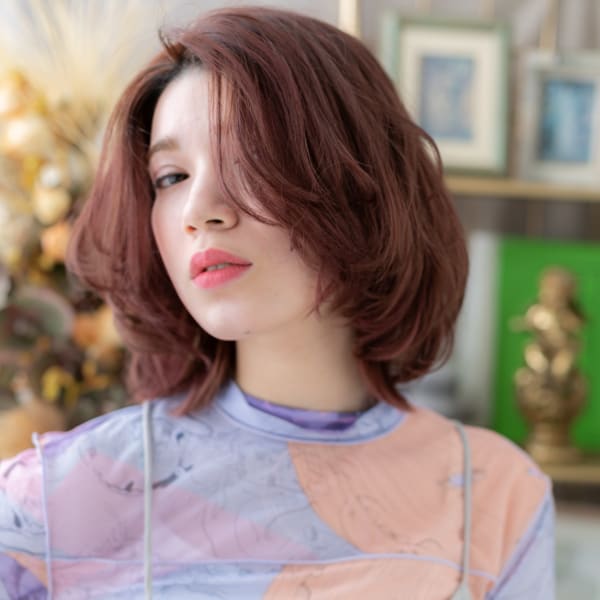 かきあげ前髪艶カラー大人ボブ小顔こなれヘア 癖毛カット