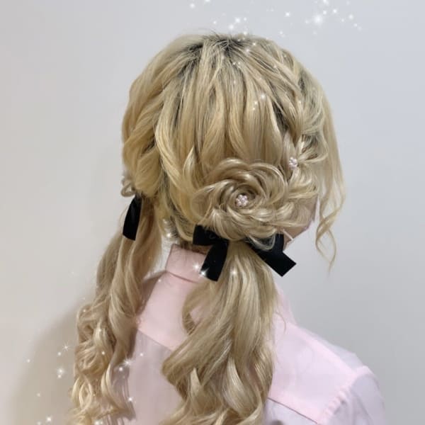 編み込みツイン×お花アレンジ