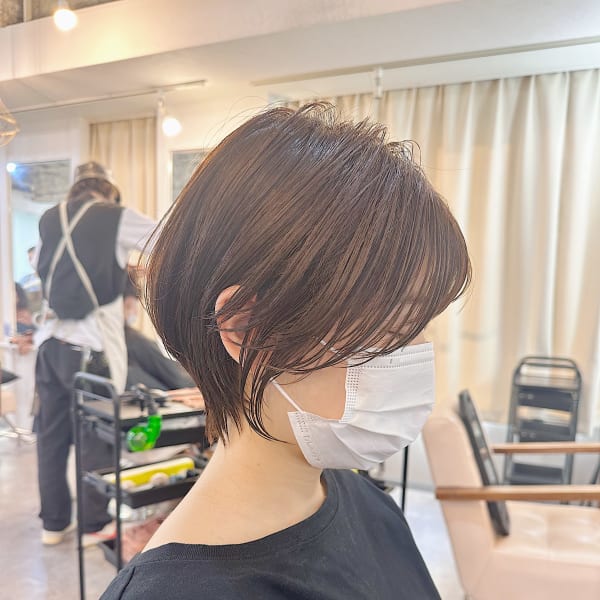 大人可愛い20代30代40代黒髪前下がりショートボブ丸み