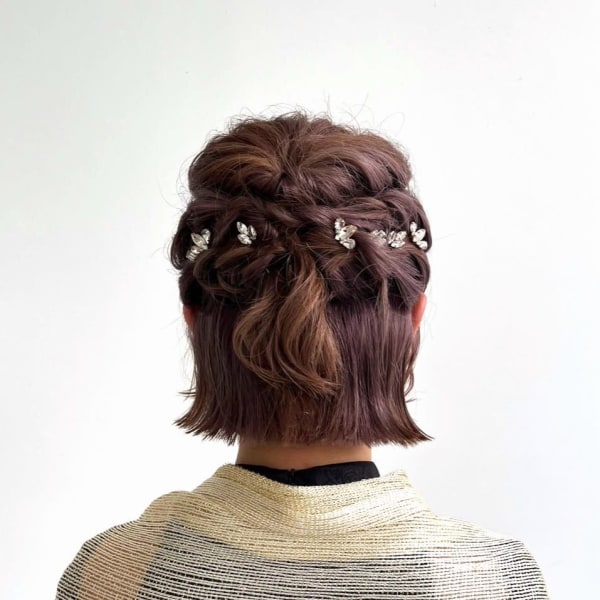 編み込みハーフアップ　成人式　卒業式　結婚式