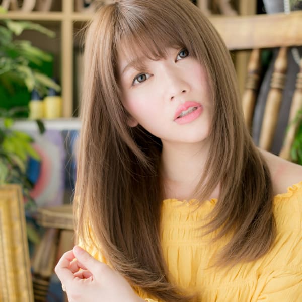 バレイヤージュオレンジブラウン小顔ロング レイヤーロング