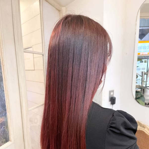 ブリーチなし暖色系ローズレッド加工なしロングヘアー経堂豪徳寺