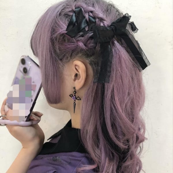 編み込みハーフツイン×リボン