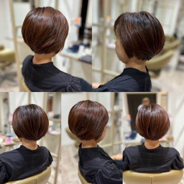オレンジベージュカラーの大人ショートボブ