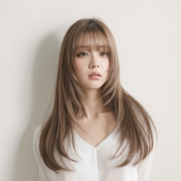 オンブレグレージュオリーブベ顔周りレイヤー/ハイトーンカラー