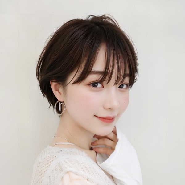 斜めバンググレーベージュショートボブパーマくびレイヤー