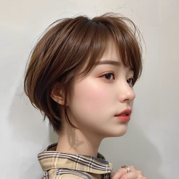 グレーベージュ斜めバングマッシュパーマショートボブパーマ