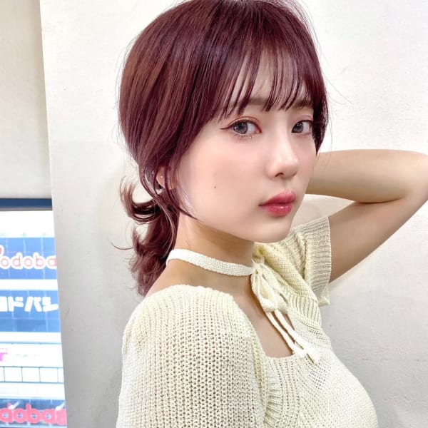 ミディアムレイヤー/顔まわりカット/ピンクブラウン