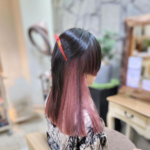 ロングウルフ×インナーカラー×ペールピンク★