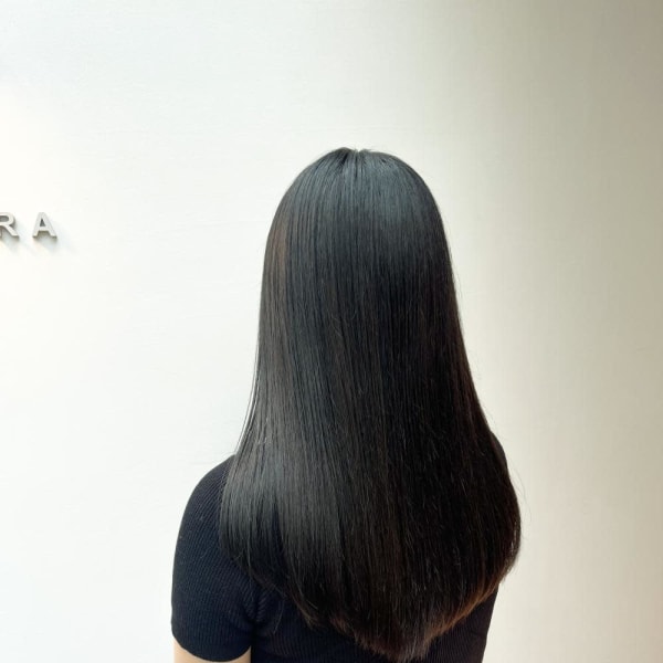 黒髪/グレーベージュ/レイヤーロング/前髪パーマ/仙台