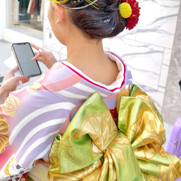 成人式襟足5センチからタイトシニヨン 水引金箔 袴着付可