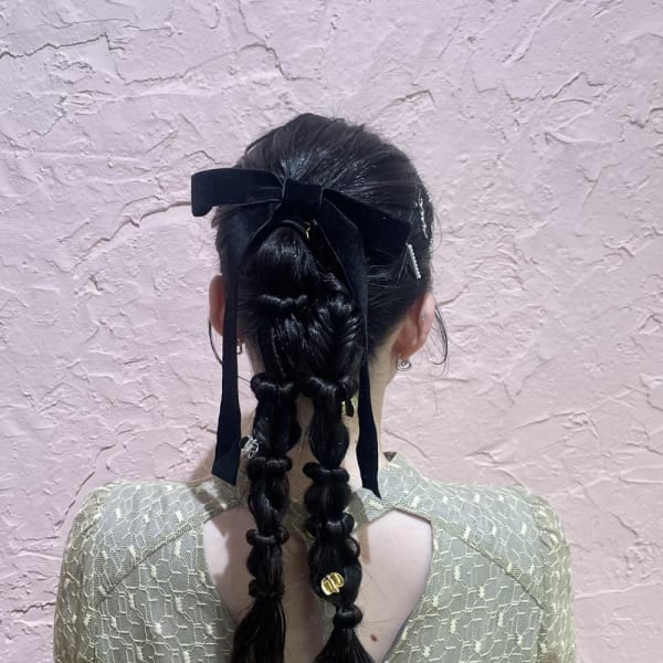 結婚式お呼ばれヘア/編み下ろしアレンジ/リボンアレンジ