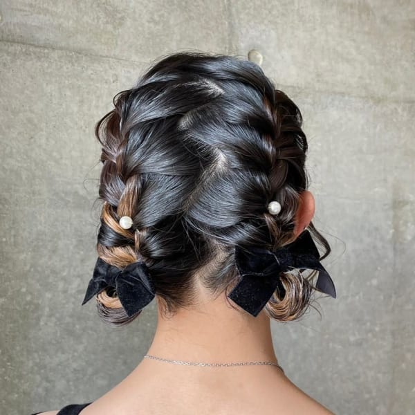 ツインアレンジ 編み込みツイン ツインお団子 リボン