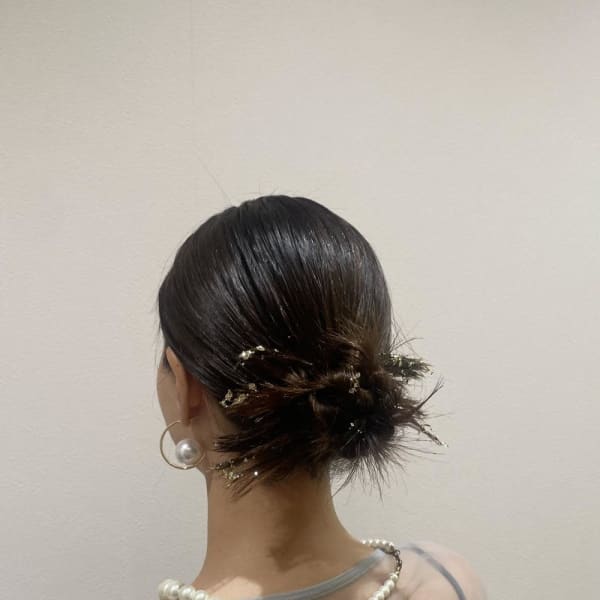 ボブヘアアレンジ/結婚式お呼ばれヘア/結婚式ヘア/金箔ヘア