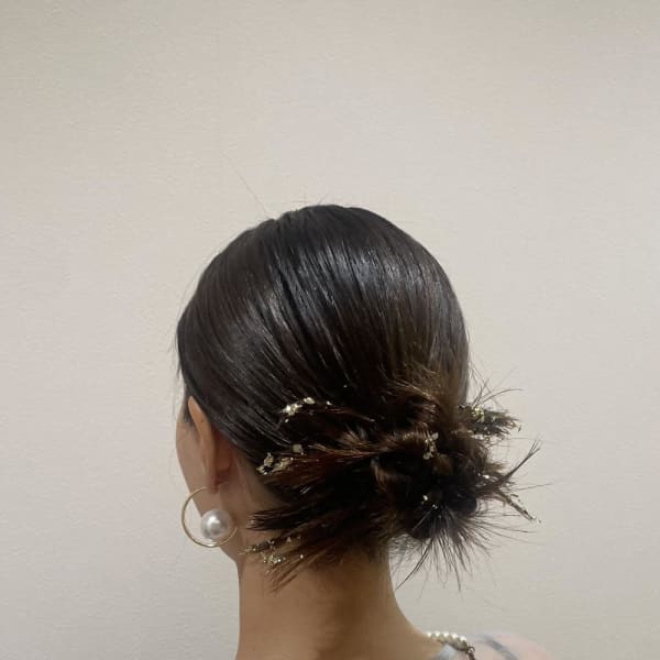 ボブヘアアレンジ/結婚式お呼ばれヘア/結婚式ヘア/金箔ヘア
