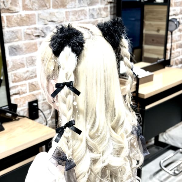 ★ハーフツイン三つ編み★もふもふ&リボン&パールガーランド★