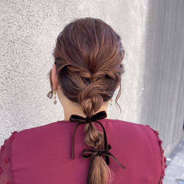 お呼ばれセット ベロアリボンのポニーテールアレンジ 細い髪