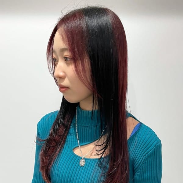 ロングレイヤー　ブラック×ピンク　ダブルカラー