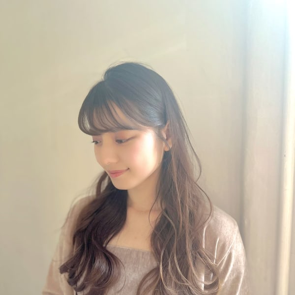 ★小顔薄めバンググレーベージュレイヤーロング前髪パーマ黒髪|CLOUD HAIR