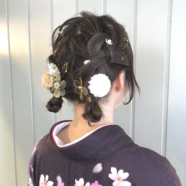 和装ヘアセット　編み込みツインお団子アレンジ