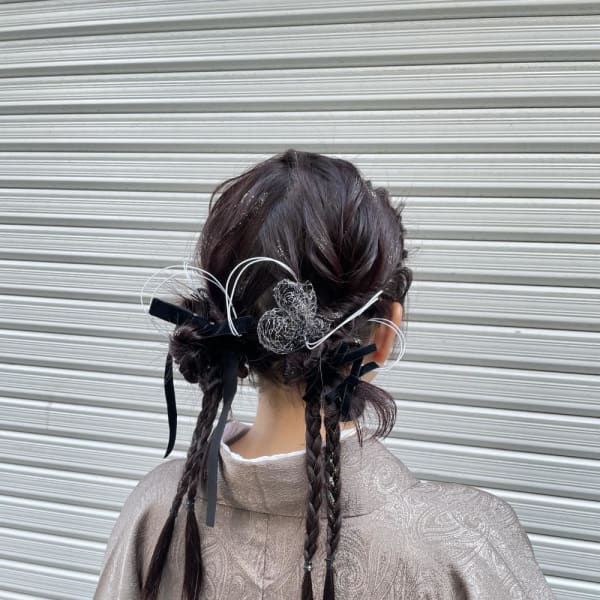 ツインアレンジ/三つ編みアレンジ/着物ヘア/水引きヘア