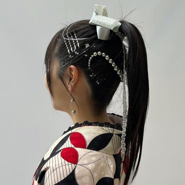 和装へア ハイポニー パール×リボンアレンジ