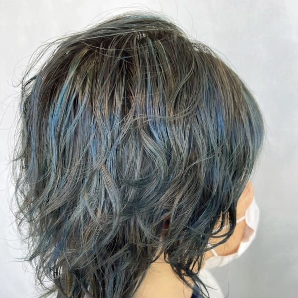 ウルフパーマ/青メッシュ/白髪ぼかしハイライト/ハイライト