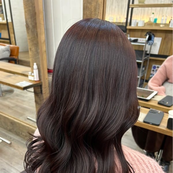 丸型卵形レイヤーカットエアリーロング美髪ピンクブラウン渋谷