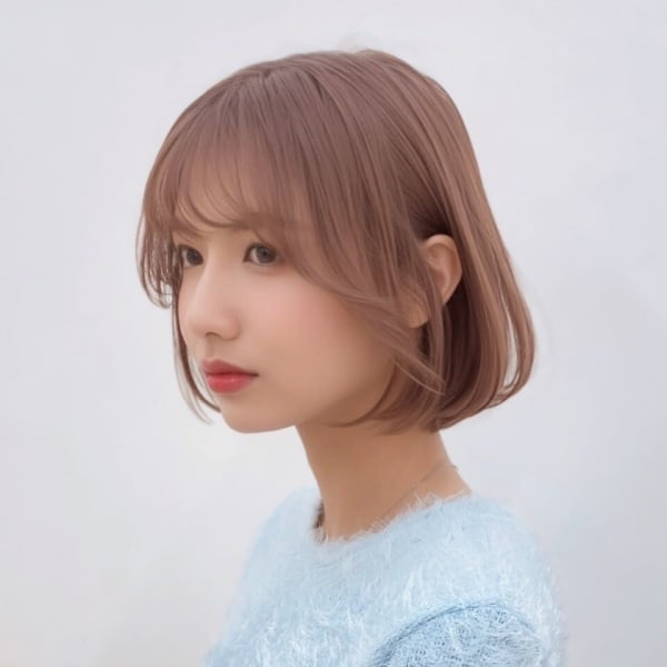 韓国風ボブフェイスレイヤーピンクベージュ暖色カラー