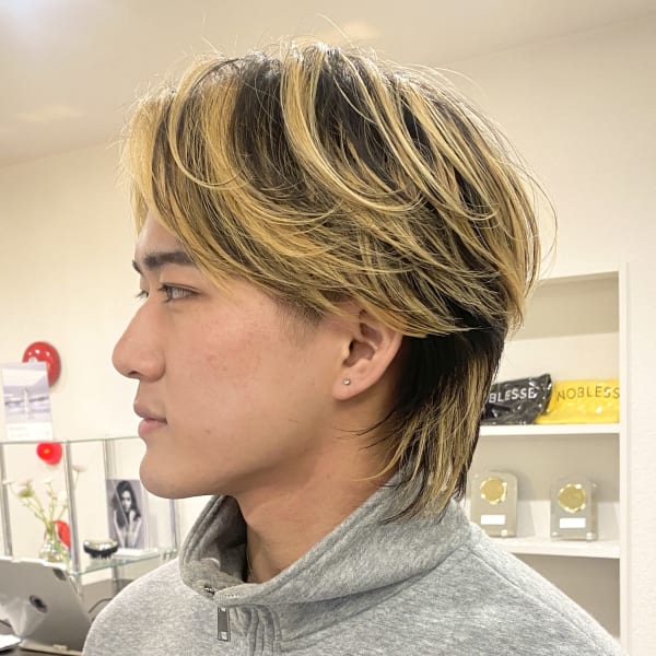 センターパートメンズウルフ/バレイヤージュ