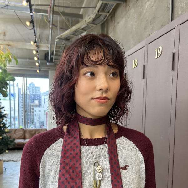 ワインレッド×ボブパーマ