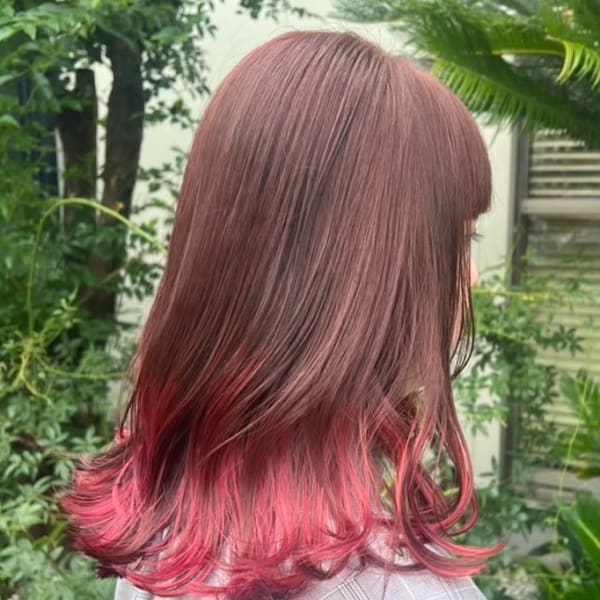 レッド エンドカラー 裾カラー ダブルカラー セミロング