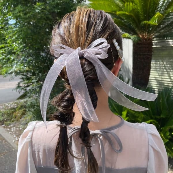 ツインポニー リボンアレンジ 結婚式アレンジ 編み下ろし