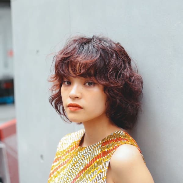 オレンジ×レイヤーボブパーマ