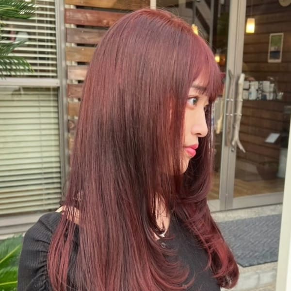 ロングレイヤー　ワンカール　ブリーチなしダブルカラー　レッド|NAKAO COIFFURE