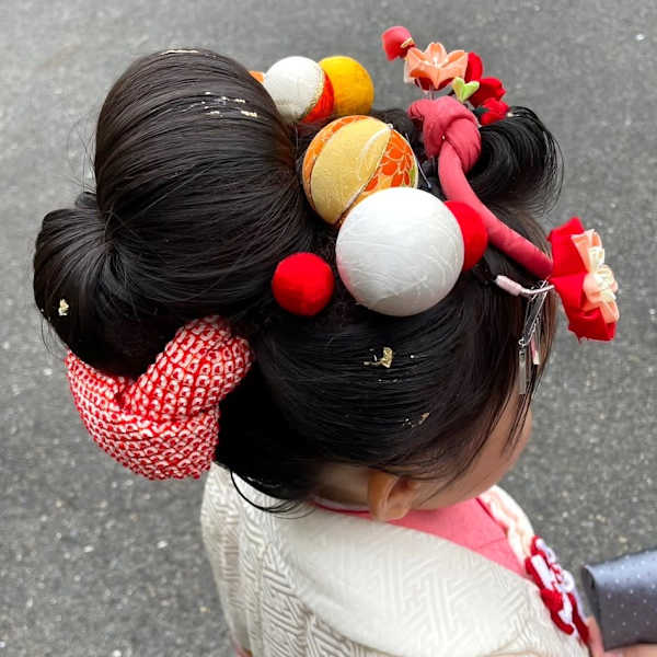 七五三ヘア 日本髪 3歳ヘアセット ちりめん細工 キッズヘア