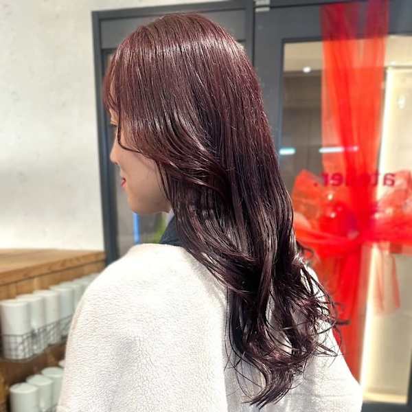 レッドブラウン　ブリーチなしカラー　ツヤ髪　レイヤーカット