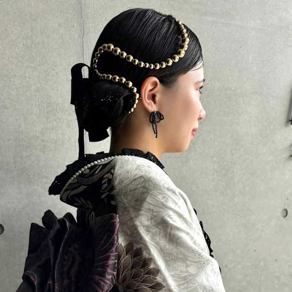 成人式ヘアセット パール リボン タイトアレンジ 着物ヘア