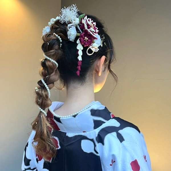 和装アレンジ 編みこみ ポニーテール パールアレンジ