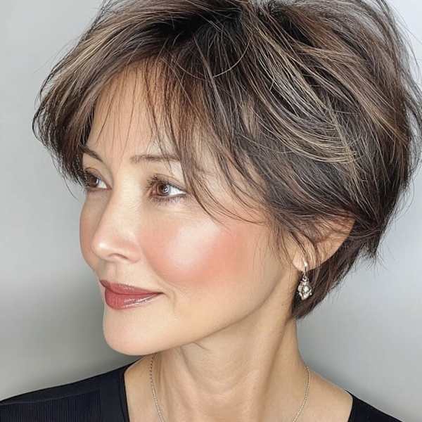 くびれショート+白髪ぼかしハイライト【白髪染め50代髪型】