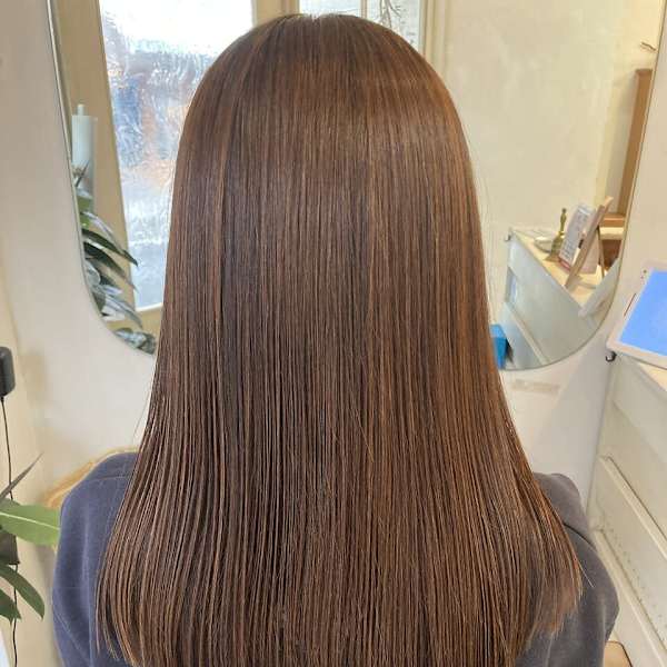 春カラーアプリコットオレンジブラウン重めロング世田谷梅ヶ丘