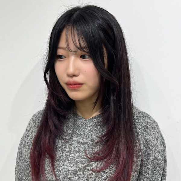 韓国風 レイヤー 裾カラー エンドカラー チェリーレッド