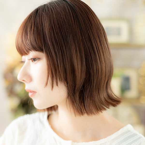 ぱっつん前髪ウルフミディアムくびレイヤー マロンベージュボブ|COVER HAIR bliss【カバーヘア ブリス】大宮/大宮西口店