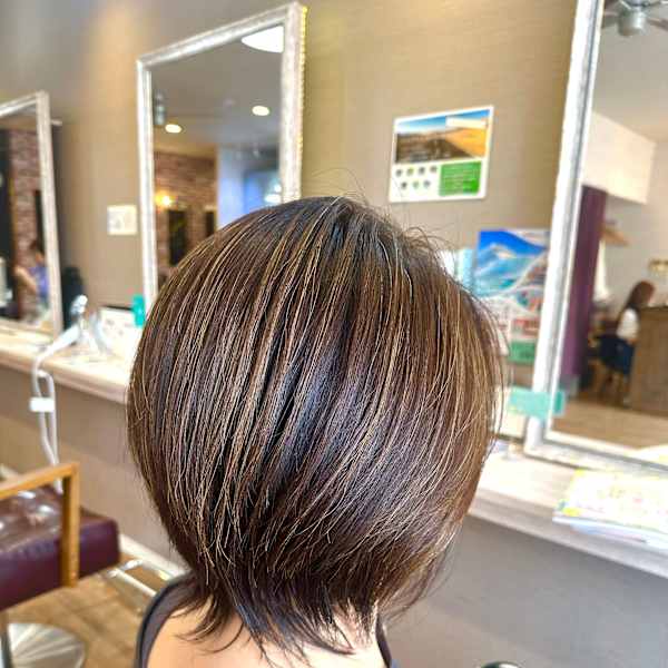 大人ショート細めハイライト白髪ぼかしくすみカラー40代50代|HAIR MAKE ROSY 八軒店